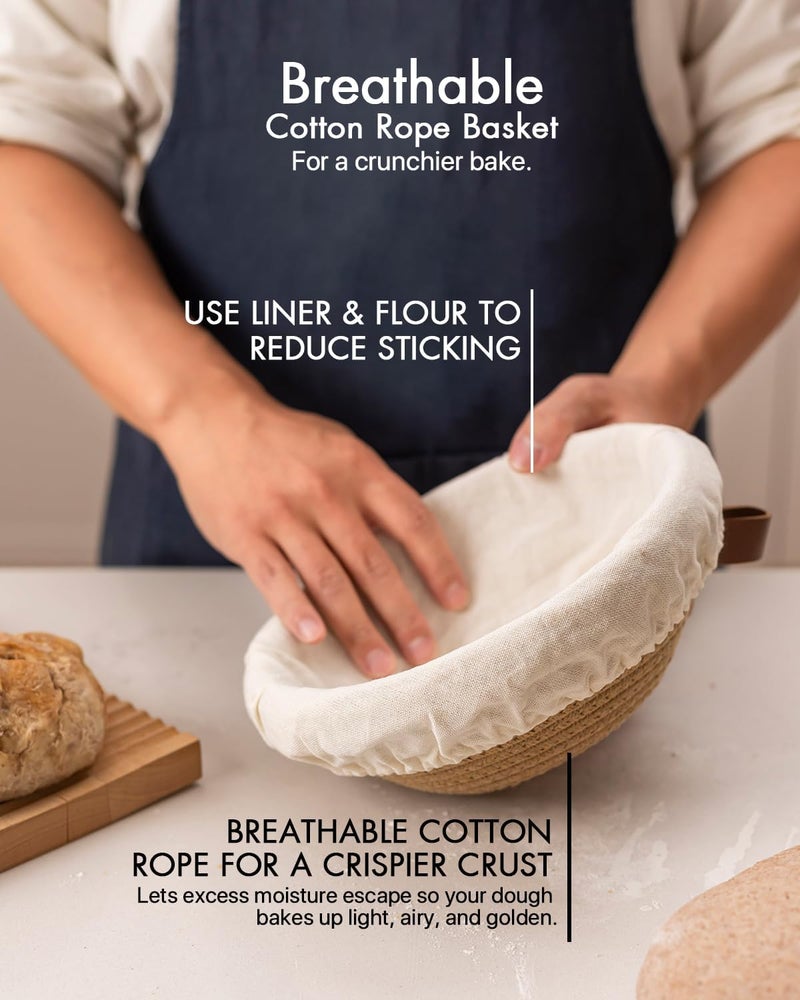BARoyal Crispier Crust Cotton Rope Banneton Bread Proofing Basket Set, Oval & Round Bread Baskets with Liners & Covers for Artisan Bread Baking, Sourdough Bread Baking Supplies(Brown) - Image 2